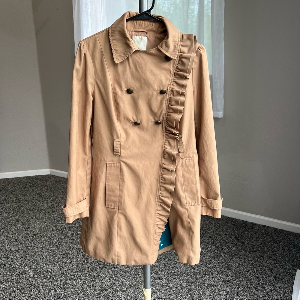 Anthropologie Elevenses Beige Ruffle Trench Coat - Picture 6 of 12
